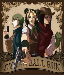  3girls brown_hat brown_vest cowboy_hat cowboy_western cowgirl_(western) ermes_costello foo_fighters_(jojo) green_lips gun hat highres holding holding_gun holding_weapon jojo_no_kimyou_na_bouken kujo_jolyne leather leather_vest multicolored_hair multiple_girls mydistantstar steel_ball_run stone_ocean vest weapon 