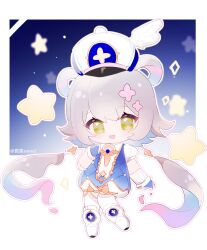  1girl absurdres blue_gloves blue_hair blue_suit boots chibi chibi_only detached_hair feixianji_(hairstyle) fingerless_gloves gloves gradient_hair green_eyes grey_hair hair_rings hat highres long_hair looking_at_viewer luo_tianyi multicolored_hair open_mouth pink_hair short_hair_with_long_locks smile solo souci. star_(symbol) suit vocaloid vsinger_(vocaloid) white_boots white_hat white_sleeves 