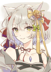  1girl alternate_costume animal_ears bare_shoulders bow cat_ears cat_girl chest_jewel collarbone commentary eyelashes flower green_bow grey_hair hair_bow hair_flower hair_ornament highres mio_(xenoblade) red_ribbon ribbon rose solo untranslatable_commentary upper_body xenoblade_chronicles_(series) xenoblade_chronicles_3 yanagimachi yellow_eyes yellow_flower yellow_rose 