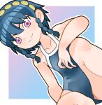  1girl azuma_tobera bare_arms bare_shoulders blue_hair blue_one-piece_swimsuit braid closed_mouth collarbone eyes_visible_through_hair hair_between_eyes mato_seihei_no_slave one-piece_swimsuit outline pink_eyes short_hair sicky_(pit-bull) sitting smile solo split_mouth swimsuit twin_braids white_outline 