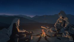  1boy 1girl absurdres bonfire camping cloak commentary_request constellation cup fire highres hood hooded_cloak kani_etizen03 landscape long_hair mask night original outdoors scenery sky solo star_(sky) starry_sky white_hair 