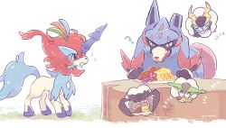  =_= ? ^_^ animal_focus banana banana_slice blush closed_eyes closed_mouth cobalion commentary_request curry curry_rice drooling food fruit gameplay_mechanics horns keldeo keldeo_(resolute) mouth_drool no_humans open_mouth plate pokemon pokemon_(creature) pokemon_focus pokemon_swsh rice simple_background single_horn sparkle spoken_character table terrakion virizion white_background yurano_(upao) zacian zacian_(hero) 