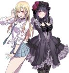  2girls absurdres animal_ears blonde_hair blush bow bowtie bracelet breast_pocket breasts choker commentary_request dress fingernails frilled_dress frills gothic_lolita gradient_hair hand_up highres jewelry kitagawa_marin kuroe_shizuku lips lolita_fashion long_hair long_sleeves looking_at_viewer medium_breasts multicolored_hair multiple_girls nail_polish necktie open_mouth pantyhose pink_hair pleated_skirt pocket purple_hair red_eyes ring shirt short_dress short_hair simple_background skirt sleeves_past_wrists sleeves_rolled_up smile sono_bisque_doll_wa_koi_wo_suru teeth thighs two-tone_hair upper_teeth_only violet_eyes white_background white_shirt wide_sleeves yamashita_shun&#039;ya 