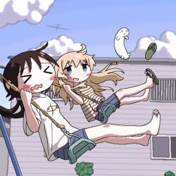  >_< 2girls ahoge aircraft airplane alternate_costume animal_print barefoot black_hair blonde_hair blue_eyes blue_shorts blue_sky blush_stickers building chito_(shoujo_shuumatsu_ryokou) closed_eyes clouds cloudy_sky contemporary day eli_(chibitoad) fish_print flip-flops floating highres long_hair low_twintails midair multiple_girls nuko_(shoujo_shuumatsu_ryokou) on_swing open_mouth outdoors sandals shirt short_sleeves shorts shoujo_shuumatsu_ryokou single_sandal sky smile striped_clothes striped_shirt swing swinging_on_swing t-shirt twintails unworn_sandals wavy_mouth white_shirt yuuri_(shoujo_shuumatsu_ryokou) 