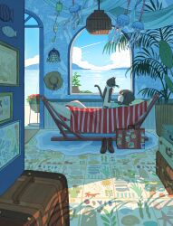  1girl absurdres animal backlighting beach black_hair blue_sky boots briefcase cat clouds commentary_request day doorway from_side hammock hat highres holding holding_animal holding_cat horizon indoors looking_at_animal lying medium_hair mountainous_horizon on_back onoyama_(machikz1) original plant potted_plant profile sky slice_of_life solo suitcase tile_floor tiles tropical unworn_boots unworn_hat unworn_headwear wind_chime window 