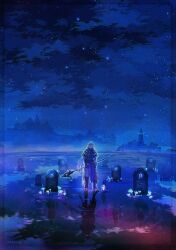  1boy absurdres antenna_hair arm_behind_back artist_name black_boots black_capelet black_coat black_gloves bloodsoaked_ruins_(genshin_impact) blue_flower blue_hair boots capelet clouds coat collared_capelet commentary_request constellation crossed_bangs dated different_reflection faceless faceless_male flins_(genshin_impact) flower genshin_impact gloves glowing_flower gradient_hair grey_pants highres holding holding_polearm holding_weapon knee_boots lantern lighthouse long_hair long_sleeves male_focus multicolored_hair night outdoors pants polearm reflection reflective_liquid signature sky sleeve_cuffs solo standing star_(sky) starry_sky thigh_strap tombstone uwazumi_yodomi very_long_hair water weapon 