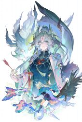  1girl absurdres animal_ear_fluff animal_ears arrow_(projectile) blue_eyes bow_(weapon) chinese_commentary closed_mouth commentary_request commission facial_mark feixiao_(honkai:_star_rail) fingerless_gloves forehead_mark fox_ears fox_girl gloves hair_intakes high_ponytail highres holding holding_arrow honkai:_star_rail honkai_(series) kite long_hair looking_at_viewer mandarin_collar multiple_views parted_bangs ponytail second-party_source simple_bird sunmeng tassel watermark watermark_grid weapon weapon_on_back 