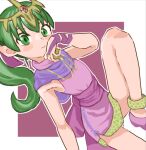  1girl closed_mouth dress fire_emblem fire_emblem:_mystery_of_the_emblem green_eyes green_hair jewelry leg_up long_hair lowres necklace outline pink_dress pink_footwear pink_sash pointy_ears ponytail purple_scarf sash scarf short_dress sicky_(pit-bull) sleeveless sleeveless_dress solo tiara tiki_(fire_emblem) tiki_(young)_(fire_emblem) white_outline 