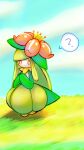  1girl ? ame_(metorui) blue_sky clouds colored_sclera colored_skin commentary_request crown day flat_chest flower full_body grass green_hair green_skin hair_flower hair_ornament hands_up highres leaf lilligant long_hair looking_at_viewer mini_crown monster_girl multicolored_skin no_mouth orange_sclera outdoors own_hands_together partial_commentary plant_girl pokemon pokemon_(creature) red_flower sidelocks sky solo speech_bubble spoken_question_mark standing swept_bangs tilted_headwear two-tone_skin very_long_hair white_eyes white_skin yellow_headwear 