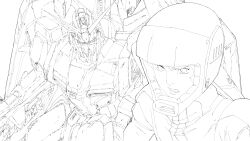  1boy aeug beam_rifle commentary_request energy_gun gundam highres kamille_bidan mecha mecha_pilot_suit mobile_suit monochrome normal_suit_(gundam) robot science_fiction shield unfinished v-fin weapon white_background zenchan_09 zeta_gundam zeta_gundam_(mobile_suit) 