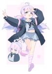  1girl absurdres ahoge backpack bag black_jacket black_neckerchief blue_archive blush double_bun foreshortening grey_serafuku grey_skirt hair_bun hair_ornament halo highres jacket legs long_hair long_sleeves meng_ge_3_(565571710) multicolored_hair multiple_views navel neckerchief no_shoes open_clothes open_jacket open_mouth pink_hair pink_halo pink_socks pleated_skirt purple_hair reisa_(blue_archive) sailor_collar school_uniform serafuku skirt smile socks soles star_(symbol) star_hair_ornament striped striped_socks toes twintails white_sailor_collar 