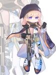  1girl assault_rifle beanie black_scarf blonde_hair boots breasts brown_coat brown_hair clenched_hand cloak closed_mouth coat fanny_pack fn_scar fn_scar_16 girls_frontline green_skirt gun hat hexaa highres holding holding_dog_tags holding_weapon knee_pads looking_at_viewer medium_breasts optical_sight pantyhose rifle scar-l_(girls&#039;_frontline) scarf shirt shirt_tucked_in skirt smile solo_focus suppressor violet_eyes weapon white_pantyhose white_shirt 
