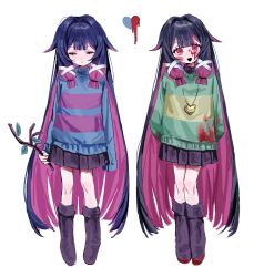  2girls black_hair blood blood_on_clothes blood_on_face blood_on_shoes blue_sweater boots branch chara_(undertale) chara_(undertale)_(cosplay) closed_eyes closed_mouth collared_sweater columbina_(genshin_impact) commentary cosplay dual_persona frisk_(undertale) frisk_(undertale)_(cosplay) genshin_impact gradient_hair green_sweater hair_flaps hair_ornament hair_ribbon heart highres holding holding_branch long_hair long_sleeves multicolored_hair multiple_girls open_mouth pleated_skirt purple_hair purple_streaks purple_sweater red_eyes ribbon sidelocks simple_background skirt smile streaked_hair striped_clothes striped_sweater sweater two-tone_hair two-tone_sweater undertale untranslatable_commentary unusually_open_eyes utdr_(toby_fox) very_long_hair white_background x_x_(batttsu_404) 