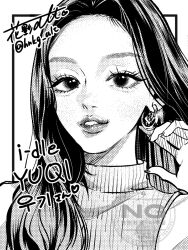  1girl alt_o_ekaki black_border border commentary_request earrings greyscale highres i-dle jewelry k-pop long_hair looking_at_viewer monochrome outside_border parted_lips portrait real_life ribbed_sweater sleeveless sleeveless_sweater smile solo song_yu_qi sweater twitter_username white_background 