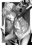  1girl arm_up cellphone closed_mouth commentary_request feet_out_of_frame greyscale highres holding holding_phone ittokyu jacket long_hair long_sleeves monochrome nail_polish open_clothes open_jacket original pants phone shirt sitting smile solo television v-shaped_eyebrows very_long_hair 