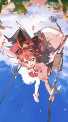  1girl bow clouds commentary dress english_commentary fine_(futagohime) flower fushigiboshi_no_futago_hime highres long_hair long_sleeves looking_at_viewer magical_girl on_swing open_mouth pantyhose pink_dress rabirami red_eyes red_hair royal_wonder_academy_school_uniform school_uniform smile swing 