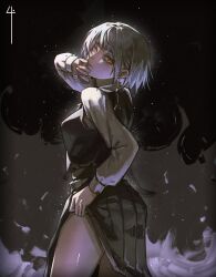  artist_name chainsaw_man closed_mouth clothes_lift death_devil_(chainsaw_man) dress earrings fami_(chainsaw_man) fourth_east_high_school_uniform highres jewelry looking_back medium_hair mole mole_under_mouth orange_eyes pinafore_dress purple_hair school_uniform shitakara4 skirt skirt_lift sleeveless sleeveless_dress tassel tassel_earrings thighs 