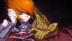  1boy arm_armor arm_rest armor bare_shoulders black_background black_cape bored cape commentary_request gem gold_armor hair_over_one_eye hair_slicked_back hand_rest head_rest highres indoors jewelry leaning_forward looking_at_object looking_down male_focus metal_wrist_cuffs orange_hair red_gem shoulder_armor silver_collar spiky_hair table topless_male usekh_collar vector_(yu-gi-oh!) violet_eyes wushuang566 yu-gi-oh! yu-gi-oh!_zexal 