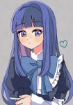 1girl blue_bow blue_bowtie blue_hair blunt_bangs blush bow bowtie closed_mouth crossed_arms expressionless eyelashes fingernails frederica_bernkastel frilled_sleeves frills grey_background heart highres long_hair nauka puffy_sleeves sideways_glance simple_background solo straight_hair two-tone_dress umineko_no_naku_koro_ni upper_body violet_eyes white_sleeves 