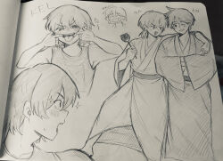  2boys absurdres alternate_costume alternate_hairstyle blush bright_pupils brothers commentary_request double-parted_bangs greyscale hair_between_eyes hero_(faraway)_(omori) hero_(omori) highres japanese_clothes kel_(faraway)_(omori) kel_(omori) kimono long_sleeves looking_at_viewer low_ponytail male_focus monochrome mouth_pull multiple_boys omori one_eye_closed open_mouth pasuta928008 ponytail short_ponytail siblings smile teeth tongue tongue_out traditional_media translated upper_teeth_only 