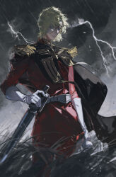  1boy absurdres belt black_cape blonde_hair blood blood_on_face blue_eyes cape char_aznable chinese_commentary commentary_request cowboy_shot epaulettes gloves grass grey_belt gundam high_collar highres holding holding_weapon injury jacket lightning long_sleeves male_focus military_rank_insignia military_uniform mobile_suit_gundam night outdoors rain red_jacket scar scar_on_face science_fiction short_hair solo spoilers storm syo2887 weapon white_gloves zeon 