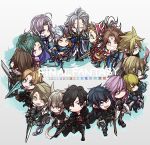  4girls 6+boys animal_ears bartz_klauser black_hair black_jacket blonde_hair blue_eyes brown_eyes brown_hair buster_sword cat_ears cat_tail cecil_harvey chibi clive_rosfield closed_eyes cloud_strife collared_shirt commentary_request copyright_name final_fantasy final_fantasy_i final_fantasy_ii final_fantasy_iii final_fantasy_iv final_fantasy_ix final_fantasy_v final_fantasy_vi final_fantasy_vii final_fantasy_viii final_fantasy_x final_fantasy_xi final_fantasy_xii final_fantasy_xiii final_fantasy_xiv final_fantasy_xv final_fantasy_xvi firion full_body fur-trimmed_jacket fur_trim green_hair grey_eyes grey_hair gunblade helmet high_ponytail highres holding holding_sword holding_weapon jacket lightning_farron long_hair looking_at_viewer medium_hair multiple_boys multiple_girls noctis_lucis_caelum one_eye_closed onion_knight oshibainoticket parted_bangs pink_hair red_armor red_headwear shantotto shirt short_hair spiky_hair squall_leonhart swept_bangs sword tail terra_branford tidus vaan violet_eyes warrior_of_light_(ff1) weapon white_shirt y&#039;shtola_rhul yellow_eyes zidane_tribal 