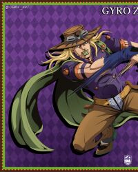  1boy absurdres anime_coloring araki_hirohiko_(style) argyle_background armband beard belt belt_buckle blonde_hair blue_bridal_gauntlets blue_eyes bridal_gauntlets brown_belt brown_hat brown_pants buckle cape character_name colored_shoe_soles english_commentary facial_hair genda_art goggles goggles_on_headwear gold_teeth green_cape green_lips grills gyro_zeppeli hat highres holster jojo_no_kimyou_na_bouken long_hair looking_at_viewer makeup male_focus motion_blur motion_lines official_style orange_sleeves pants purple_armband purple_background purple_shirt purple_sleeves shirt short_sleeves solo spurs steel_ball_run two-tone_sleeves 