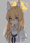  1girl animal_ear_fluff animal_ears blue_archive blue_eyes closed_mouth collared_shirt commentary_request cropped_arms grey_background hair_between_eyes halo korean_commentary long_hair mari_(blue_archive) orange_hair purerin shirt solo upper_body white_shirt yellow_halo 