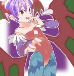  1girl :d animal_print bare_shoulders bat_print bat_wings blue_pantyhose collarbone demon_girl diamond_cutout hair_between_eyes head_wings leotard lilith_aensland lowres open_mouth pantyhose print_pantyhose purple_hair red_eyes red_leotard short_hair sicky_(pit-bull) smile solo teeth thigh_gap upper_teeth_only vampire_(game) wings 