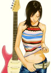  1girl belly denim dress electric_guitar facing_down guitar highres instrument jeans jujuqqqzzzzzzz navel pants sleeveless sleeveless_dress solo utada_hikaru 