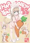 1girl 2023 40hara animal_ears blonde_hair blue_eyes carrot cat_ears cat_girl cat_tail kinako_(40hara) original pink_t-shirt rabbit_ears