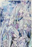  1girl armor blue_hair blue_theme brynhildr_(fate) colored_pencil_(medium) derivative_work fate/grand_order fate_(series) highres junartart long_hair looking_to_the_side sitting solo traditional_media violet_eyes 