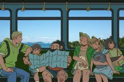  3boys 3girls alternate_costume amber389 backpack bag black_hair blonde_hair blue_dress blue_sky chilchuck_tims closed_eyes commentary contemporary day dress dungeon_meshi falin_touden falin_touden_(tallman) feet_out_of_frame green_hoodie green_jacket green_shirt group_picture head_on_another's_shoulder holding holding_map hood hoodie izutsumi jacket laios_touden map marcille_donato multiple_boys multiple_girls photo_background pointy_ears senshi_(dungeon_meshi) shirt short_hair sitting sky smile train_interior untranslatable_commentary 