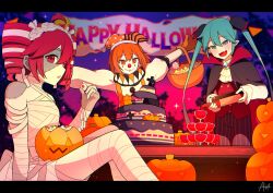  3girls a.i._voice adachi_rei aqua_hair bandages bottle cake candy clown clown_nose cup drill_hair drinking_glass food hair_ribbon halloween_bucket hat hatsune_miku highres holding holding_bottle holding_candy holding_food jack-o'-lantern jester_cap kasane_teto letterboxed long_hair multiple_girls pumpkin red_eyes red_hair ribbon sato_(r017xts117) signature twin_drills twintails utau vampire_costume vocaloid wine_bottle wine_glass zombie 