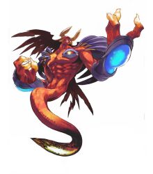  1boy abs colored_skin demon_horns facing_to_the_side fingernails fujishima_kousuke full_body game_cg genie horns ifrit_(tales) long_fingernails looking_ahead male_focus muscular official_art orange_skin red_skin simple_background solo tail tales_of_(series) tales_of_symphonia teeth third-party_source wings 