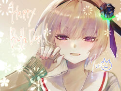  1girl :d aqua_cardigan black_flower black_hairband black_ribbon blush cardigan commentary eyelashes fingernails flower grey_hair hair_between_eyes hair_flower hair_ornament hair_ribbon hairband half-closed_eyes hand_up happy happy_birthday heaven_burns_red highres light_particles looking_at_viewer minase_sumomo open_mouth portrait purple_ribbon ribbon rin_0101010 sailor_collar short_hair signature simple_background sleeves_past_wrists smile solo violet_eyes white_sailor_collar 