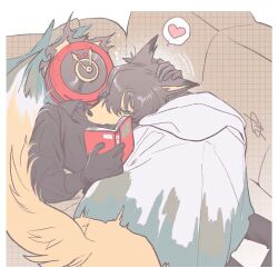  1other animalization black_gloves black_shirt cloak clock collared_shirt commentary couch dante_(limbus_company) e.g.o_(project_moon) fire fox_boy gloves heart highres limbus_company long_sleeves object_head petting project_moon shirt sleeping speech_bubble sunshower_(e.g.o) tama_launcher white_cloak yi_sang_(project_moon) 