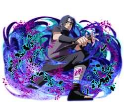  1boy black_boots black_hair black_pants black_shirt boots forehead_protector holding holding_kunai holding_weapon konohagakure_anbu_uniform konohagakure_symbol kunai long_hair looking_at_viewer naruto_(series) naruto_shippuuden:_ultimate_ninja_blazing official_art open-toe_boots pants shirt short_sleeves solo uchiha_itachi weapon 