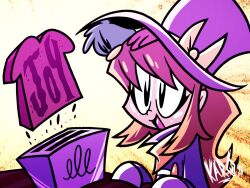  1girl :d a_hat_in_time aged_up animal_on_head beak bird black_eyes bow bread bread_slice brown_hair buttons coat commentary countesskaro crossover double-breasted duck duck_on_head english_commentary english_text food hands_on_table hat hat_bow hat_kid hat_ribbon long_hair long_sleeves looking_at_food mallard marbles_(windswept) on_head open_mouth ponytail purple_coat purple_hat ribbon scarf sidelocks signature smile table toast toaster top_hat upper_body windswept_(game) yellow_background yellow_bow yellow_ribbon yellow_scarf 
