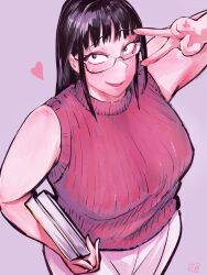  1girl 20day3 agawa_minako bare_arms bare_shoulders black_hair blush book breasts commentary_request cowboy_shot glasses hand_up heart highres holding holding_book large_breasts long_hair mole mole_under_eye pants purple_background red_sweater ribbed_sweater sankyuu_pitch sanpaku semi-rimless_eyewear simple_background sleeveless sleeveless_sweater sleeveless_turtleneck smile solo sweater turtleneck turtleneck_sweater v v_over_eye white_pants wispy_bangs 