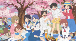  4boys 6+girls absurdres alcohol amakazari_eri ascot bag barefoot beer belt black_belt black_boots black_hair black_shirt blonde_hair blue_eyes blue_hair blue_hoodie blue_pants blue_sailor_collar blue_skirt blush boots bottle brown_boots brown_eyes brown_hair brown_pants brown_sandals buttons camera chef cherry_blossoms chopsticks city_(arawi_keiichi) closed_eyes collarbone collared_shirt crying cup digital_camera double_thumbs_up drunk embarrassed facial_hair flying_sweatdrops food food_request glass green_eyes grey_bag handkerchief hangaku hat helmet highres holding holding_camera holding_cup holding_handkerchief hood hoodie humiliation izumi_riko_(city) izumi_wako jacket juice laughing long_hair makabe_matsuri makabe_tatewaku makabe_tsurubishi multiple_boys multiple_girls mustache naganohara_mio nagumo_midori nichijou niikura_(city) nose_bubble off-shoulder_shirt off_shoulder oni_kamaboko open_clothes open_hoodie open_jacket open_mouth orange_juice outdoors pants picnic pink_eyes pink_jacket pink_shorts plaid_clothes plaid_skirt plate pleated_skirt pointing pointing_at_another ponytail purple_jacket red_ascot red_jacket red_shoes red_skirt sailor_collar sandals shirt shoes short_hair shorts sitting skirt sleeping smile socks sparkle sun_hat sweat tears thumbs_up todoroki_(city) tree unworn_boots unworn_sandals unworn_shoes very_short_hair white_pants white_shirt white_socks wiping_nose yellow_hat yellow_skirt 