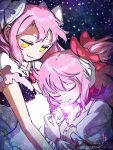  2girls absurdres bow caress closed_eyes closed_mouth commentary dated dress dual_persona gloves goddess_madoka hair_bow hands_up head_rest highres holding holding_another&#039;s_head kaname_madoka magical_girl mahou_shoujo_madoka_magica mahou_shoujo_madoka_magica_(anime) medium_hair multiple_girls nmaywo pink_hair puffy_sleeves red_bow short_sleeves sidelocks signature smile soul_gem space twintails upper_body white_bow white_gloves yellow_eyes 