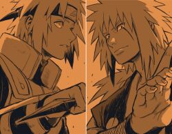  2boys facial_mark flak_jacket forehead_protector jacket jiraiya_(naruto) konohagakure_shinobi_uniform konohagakure_symbol long_hair male_focus multiple_boys namikaze_minato naruto_(series) shun_yazz spiky_hair teacher_and_student whisker_markings 