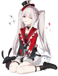 1girl ;p absurdres black_boots black_choker black_hat boots card choker clothing_cutout diamond_(shape) diamond_facial_mark facial_mark grey_hair hat hat_ornament heart heart_facial_mark highres honkai:_star_rail honkai_(series) long_hair long_sleeves looking_at_viewer nicel one_eye_closed playing_card rabbit_hat_ornament shoulder_cutout smile solo sparkle_(honkai:_star_rail) sparxie_(honkai:_star_rail) tongue tongue_out top_hat twintails violet_eyes 