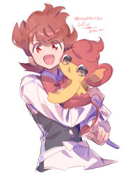  1boy :d apron black_vest bow bowtie brown_eyes buttons chili_(pokemon) collared_shirt commentary_request cropped_torso highres holding holding_pokemon long_sleeves looking_at_viewer male_focus open_mouth pansear pokemon pokemon_(creature) pokemon_bw red_bow red_bowtie red_eyes red_hair serizawa_serizane shirt short_hair simple_background smile translation_request twitter_username v-shaped_eyebrows vest waist_apron white_apron white_background white_shirt 