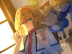  1girl alice_margatroid apron black_shoes blonde_hair blue_dress blue_eyes bow capelet commentary_request commission cup dress dutch_angle eneshi frilled_neckerchief hair_bow hairband highres holding holding_cup holding_teapot jewelry looking_at_viewer multiple_rings neckerchief pink_neckerchief pouring red_bow red_hairband ring shaded_face shanghai_doll shoes signature skeb_commission tea teacup teapot teeth touhou white_apron white_capelet window 