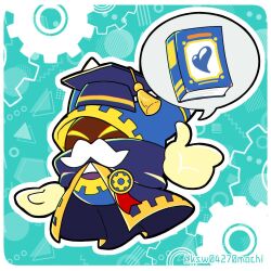  blue_cloak book cloak commentary_request fake_facial_hair fake_mustache gears gloves hat kashiwa_(ksw04270mochi) kirby's_return_to_dream_land_deluxe kirby_(series) magolor mortarboard no_humans outline rayman_limbs solo twitter_username white_outline yellow_gloves 