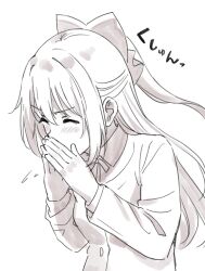  1girl absurdres closed_eyes commentary_request hair_ribbon highres jacket light_blush long_hair long_sleeves love_live! love_live!_nijigasaki_high_school_idol_club monochrome neck_ribbon nijigasaki_school_uniform osaka_shizuku ponytail ribbon school_uniform sketch sneezing solo tata_(tataice) 