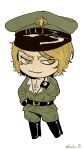 1boy absurdres belt blonde_hair chibi fear_&amp;_hunger fear_&amp;_hunger_2:_termina full_body hat highres kocho_15 military_hat military_uniform open_clothes open_shirt pav_(fear_&amp;_funger) peaked_cap pectorals short_hair smile solo twitter_username uniform white_background yellow_eyes 
