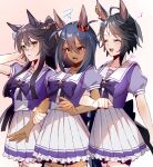  3girls absurdres ahoge animal_ears arm_at_side arm_grab arm_up bandaid bandaid_on_face bandaid_on_nose black_hair bow bowtie brown_eyes closed_eyes closed_mouth cowboy_shot dark-skinned_female dark_skin double-parted_bangs facing_another fang fingernails fuji_kiseki_(umamusume) hair_between_eyes hair_ornament hairclip high_ponytail highres hishi_amazon_(umamusume) horse_ears horse_girl horse_tail jewelry locked_arms miniskirt multicolored_hair multiple_girls musical_note narita_brian_(umamusume) nd_(nuuchadon10) open_mouth pleated_skirt raised_eyebrow school_uniform shirt short_sleeves side-by-side skin_fang skirt smile squiggle tail thigh-highs tracen_school_uniform two-tone_hair umamusume white_hair yellow_eyes zettai_ryouiki 